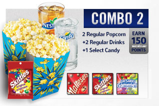 Combo 2 2 large popcorns 2 regular drinks 1 select candy