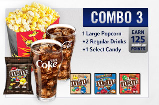 Combo 3 1 large popcorn 2 regular drinks 1 select candy