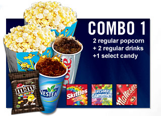 Combo 1 2 regular popcorn 2 regualr drinks 1 select candy