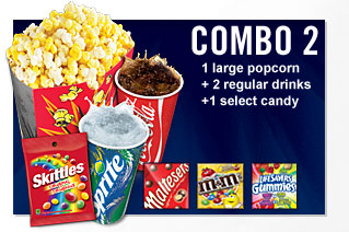 Combo 2 1 large popcorn 2 regular drinks 1 select candy