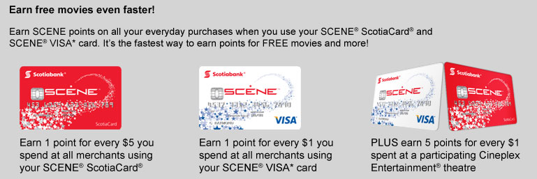 Earn Free Movies even faster! Earn SCENE points on all your everyday purchases when you use your SCENE&reg; ScotiaCard&reg; and SCENE&reg; VISA* card. It's the fastest way to earn points for FREE movies and more! Earn 1 point for every $5 you spend at all merchants using your SCENE&reg; ScotiaCard&reg;
Earn 1 point for every $1 you spend at all merchants using your SCENE&reg; VISA* card
PLUS earn 5 points for every $1 spent at a participating Cineplex Entertainment&reg; theatre