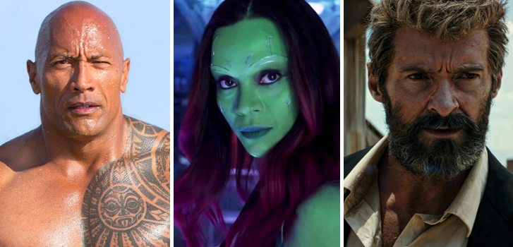 the rock, dwayne johnson, baywatch, zoe saldana, guardians of the galaxy 2, logan, hugh jackman, movies, trailers,