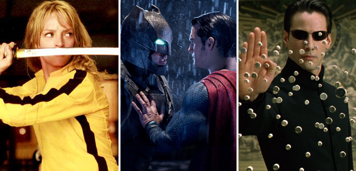 kill bill, batman v superman, the matrix, epic movie showdowns, listed, uma thurman, henry cavill, ben affleck, keanu reeves, image